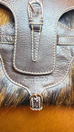 Jimmy Choo Fur and Leather Buckle Shoulder Bag Dark Brown / Black / White
