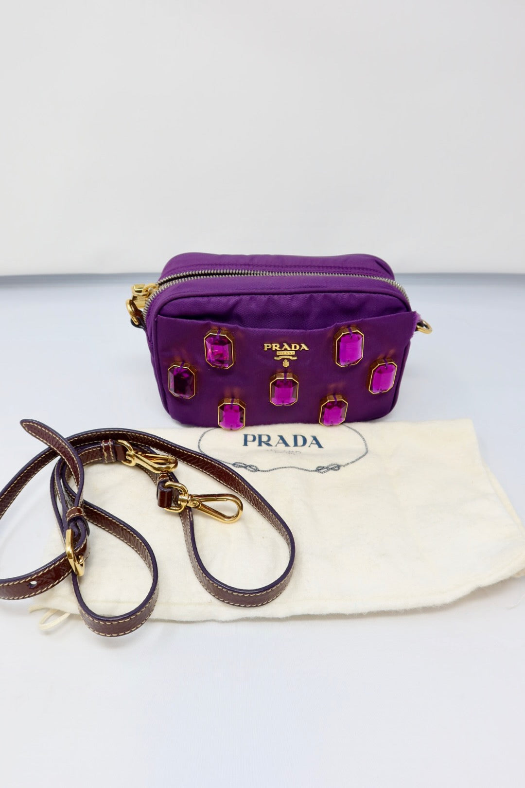 Prada Purple Crystals Nylon Pochette (comes with strap and original duster)