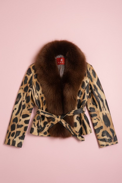Leopard Print Leather Belted Jacket with Fur Collar Coats & Jackets Multicolor