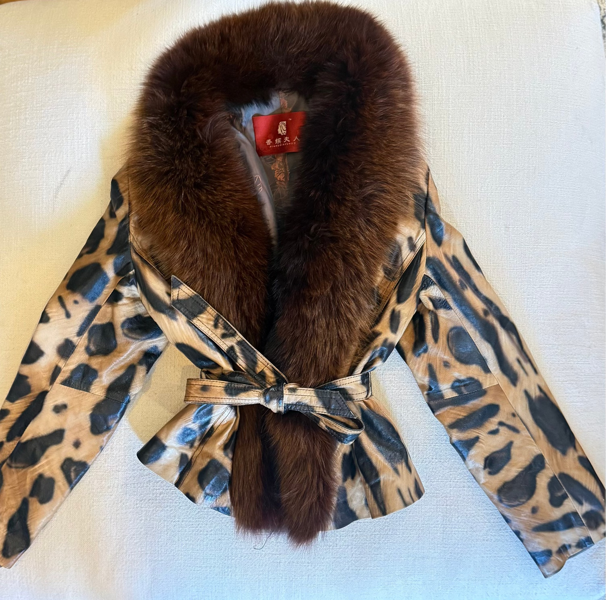 Leopard Print Leather Belted Jacket with Fur Collar Coats & Jackets Multicolor