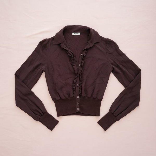 Moschino Ruffled Long-Sleeve Button-Front Blouse Dark Brown