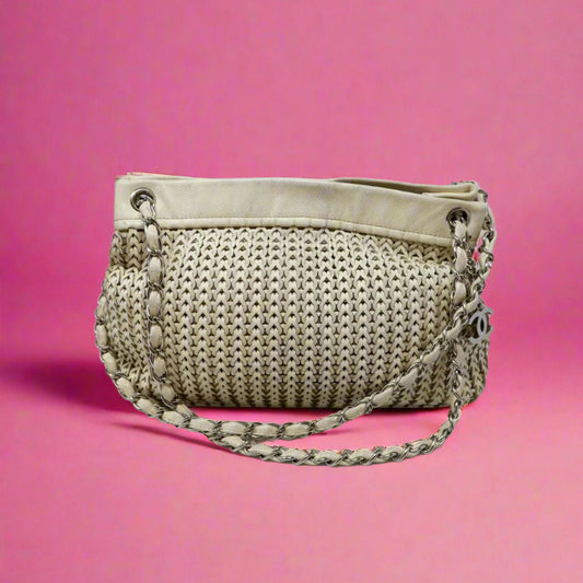 Chanel White Woven Leather Tote