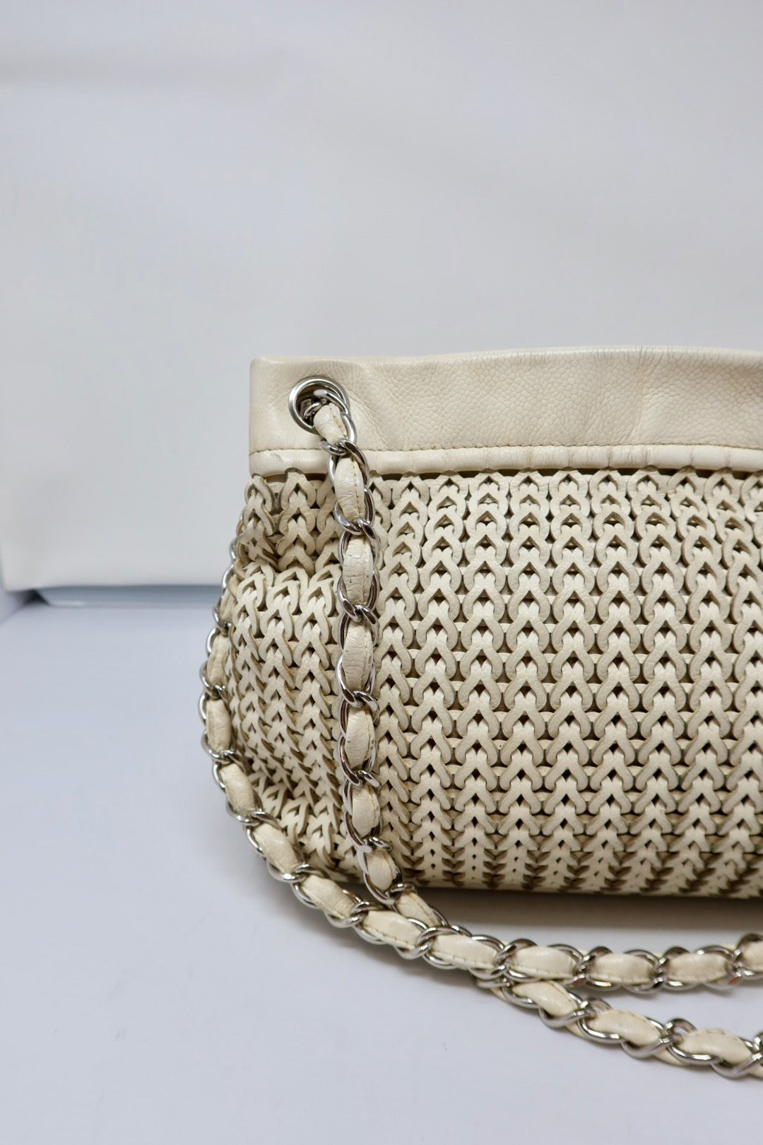 Chanel White Woven Leather Tote