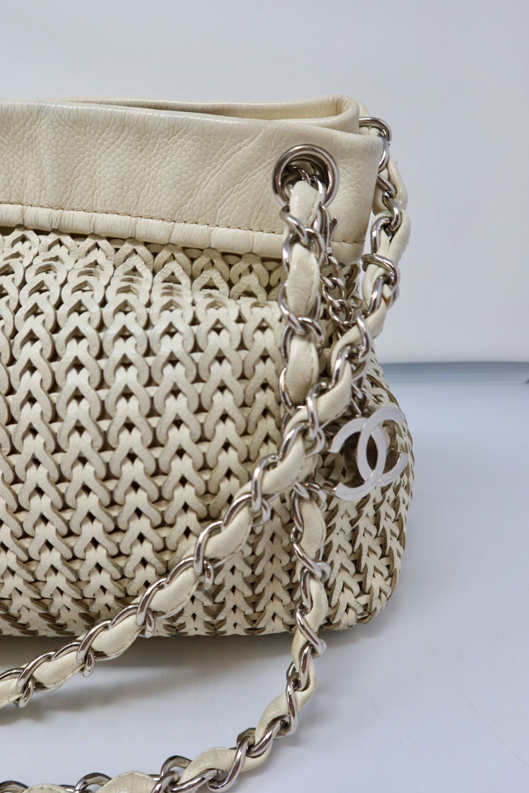 Chanel White Woven Leather Tote