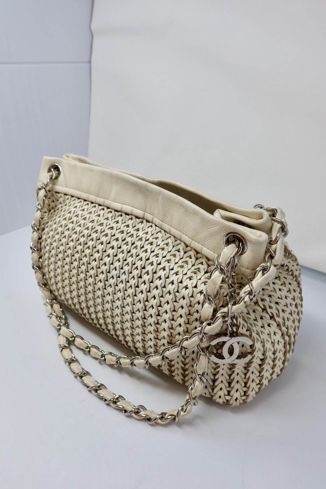 Chanel White Woven Leather Tote