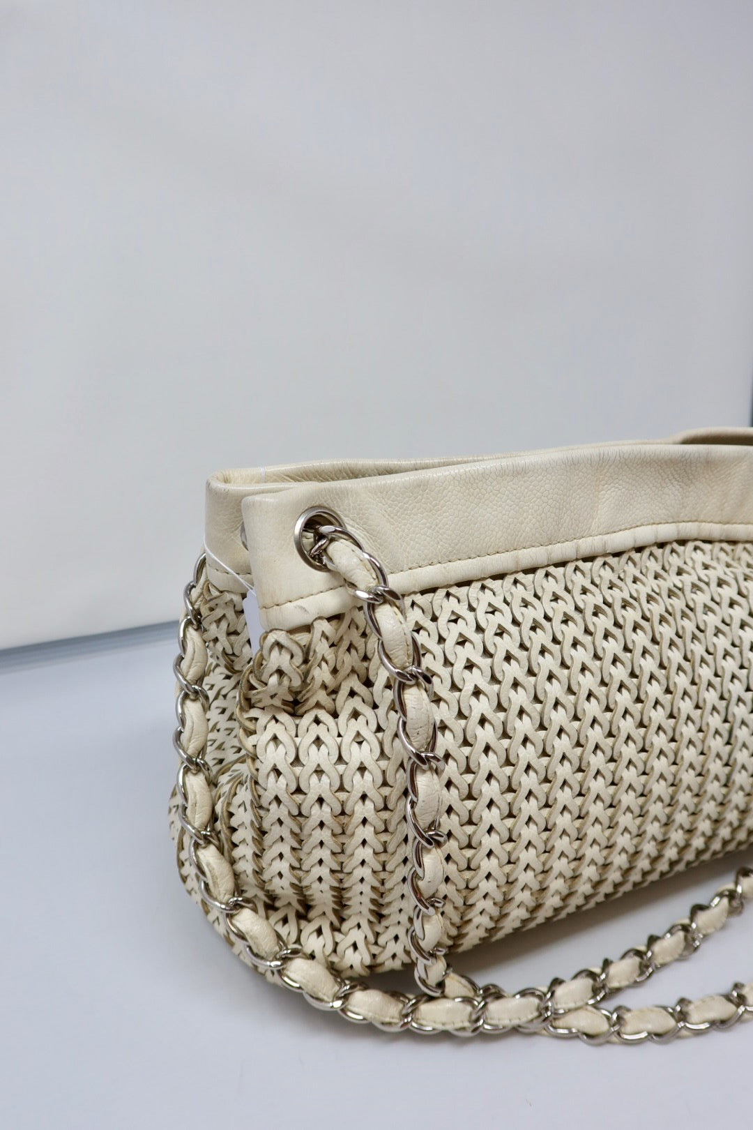 Chanel White Woven Leather Tote