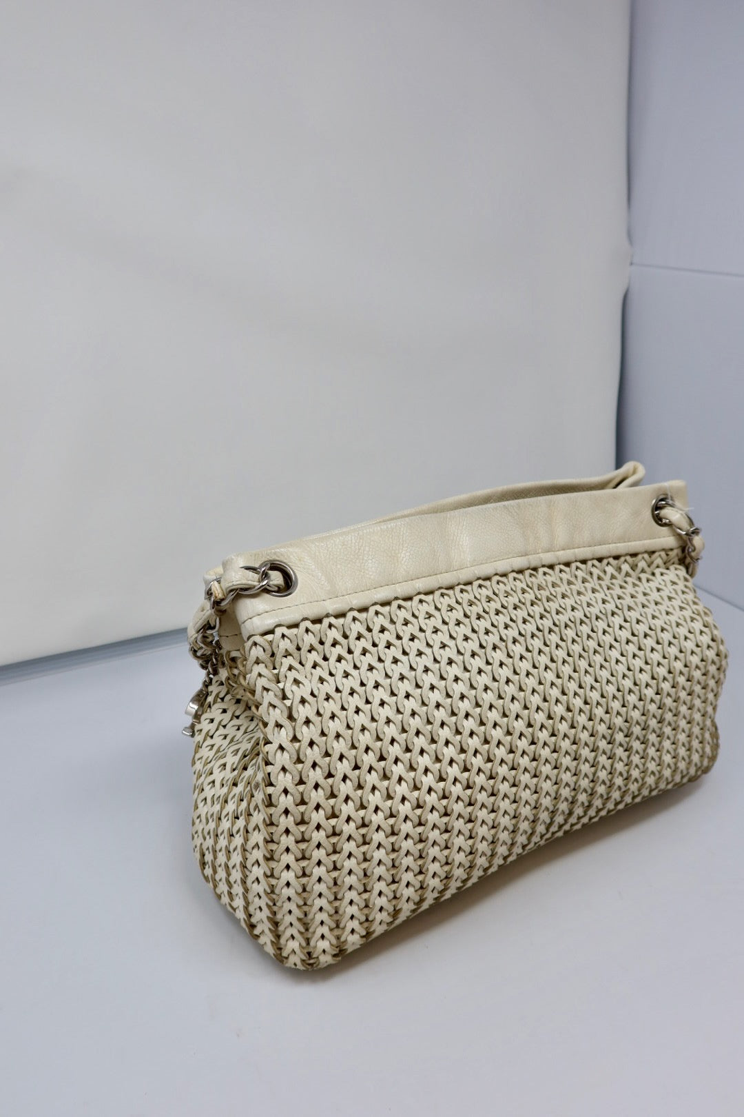 Chanel White Woven Leather Tote