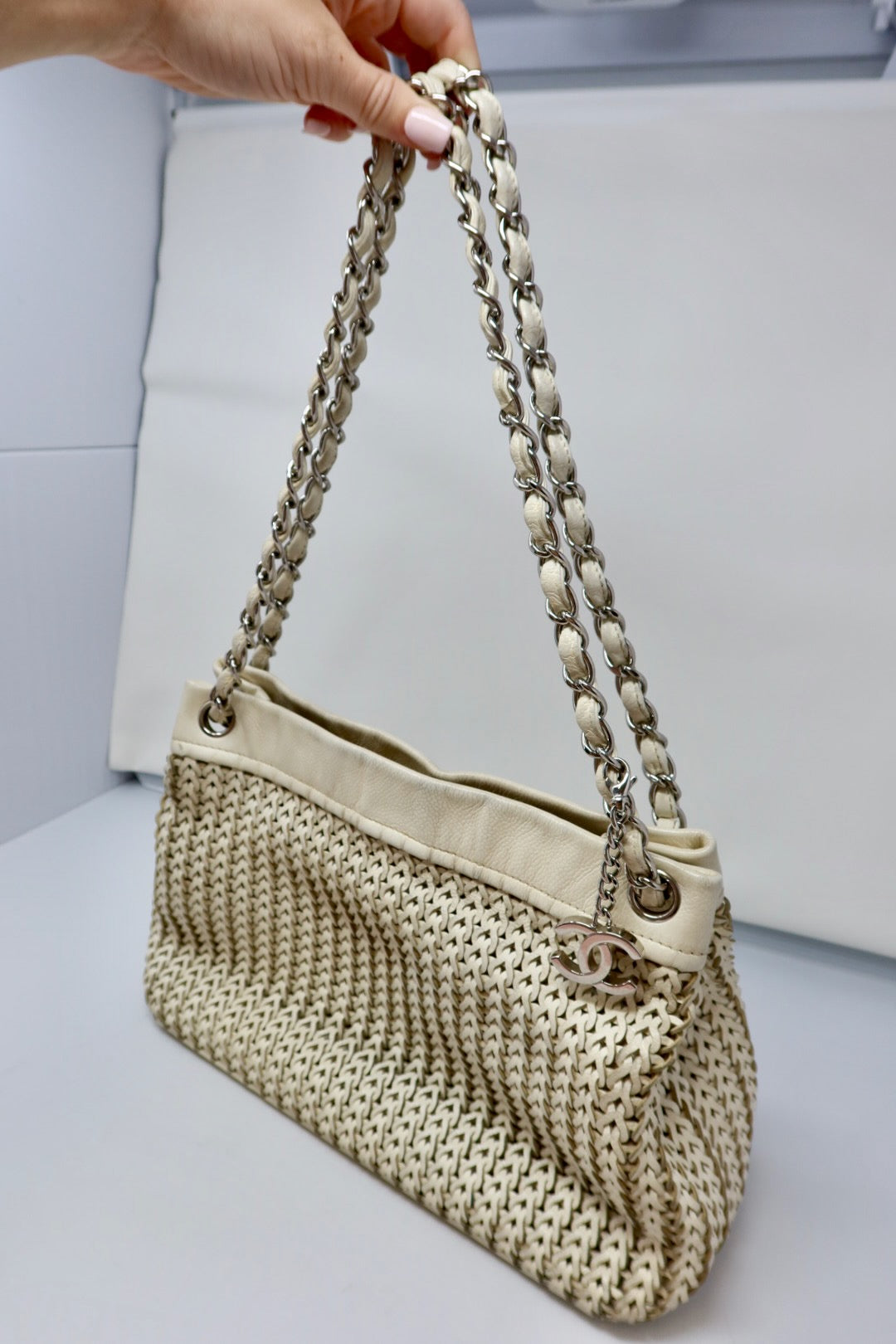 Chanel White Woven Leather Tote