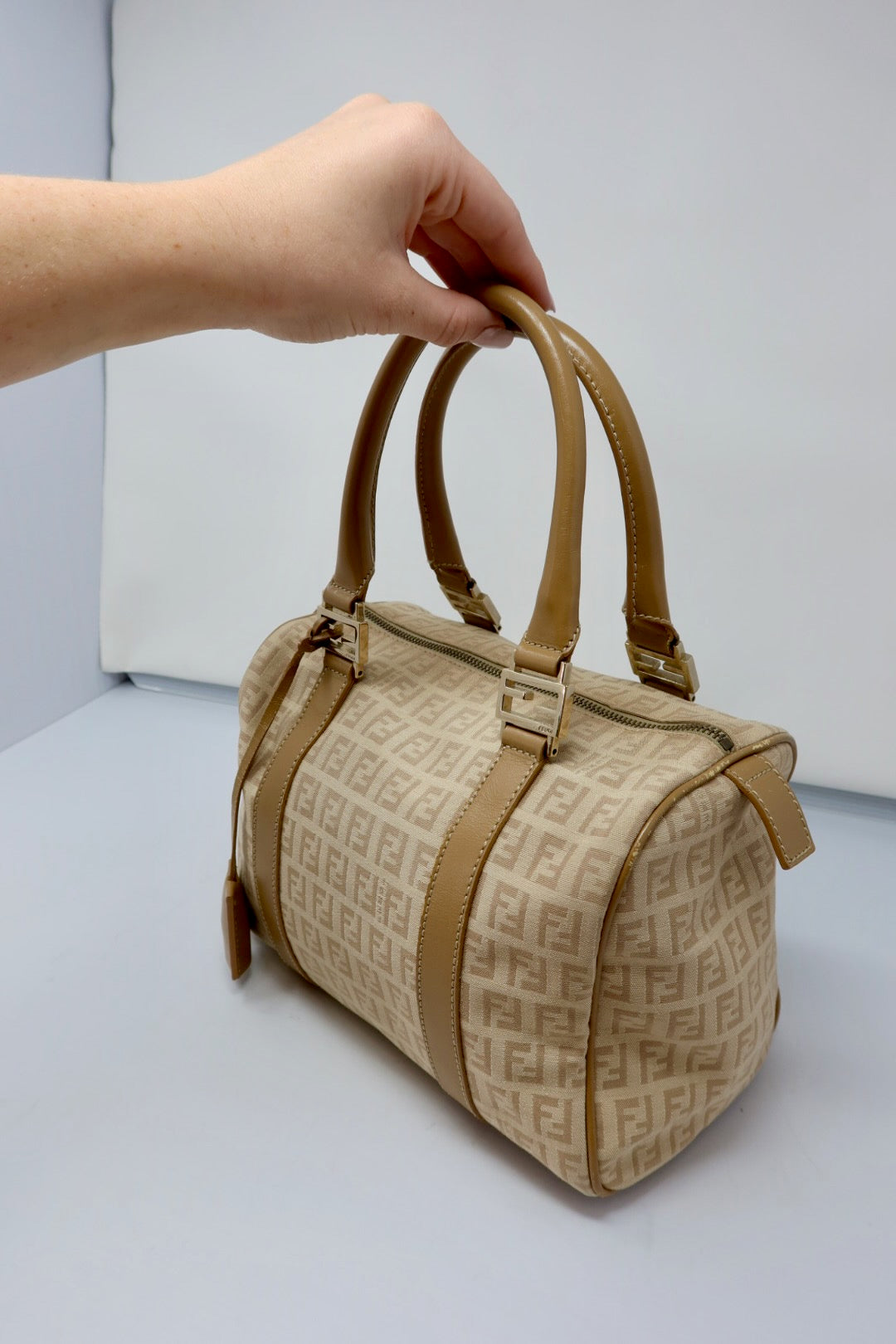 Fendi Zucchino Beige Canvas Boston Bag