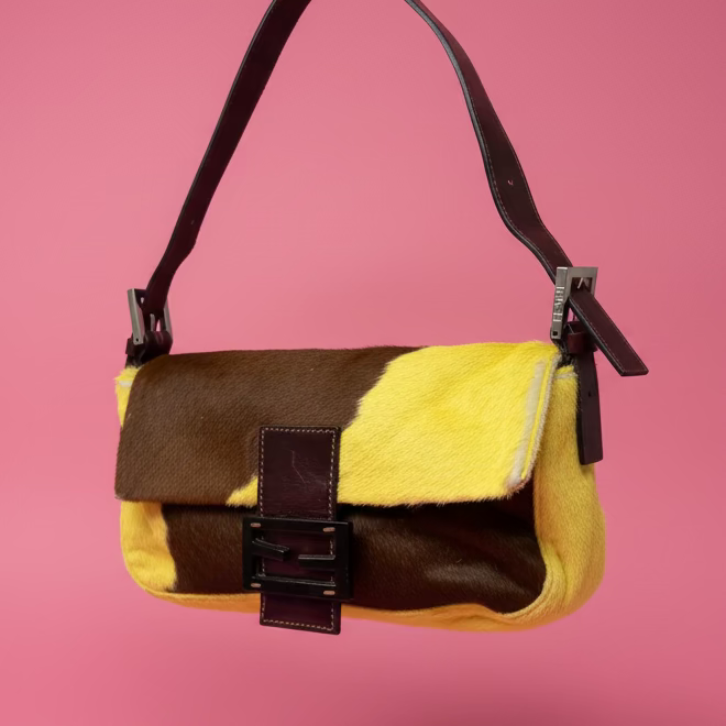 Fendi Baguette Cow Print Pony Hair Brown & Yellow