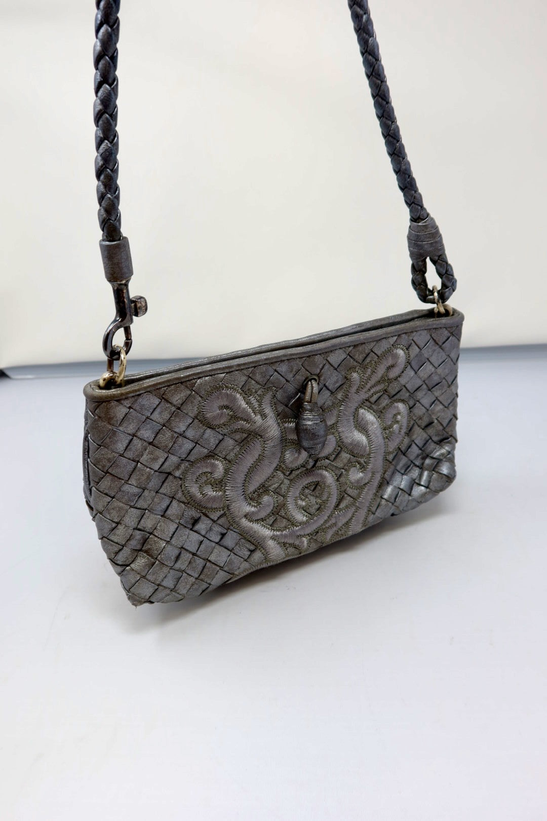 Bottega Veneta Intrecciato Leather Silver Shoulder Bag