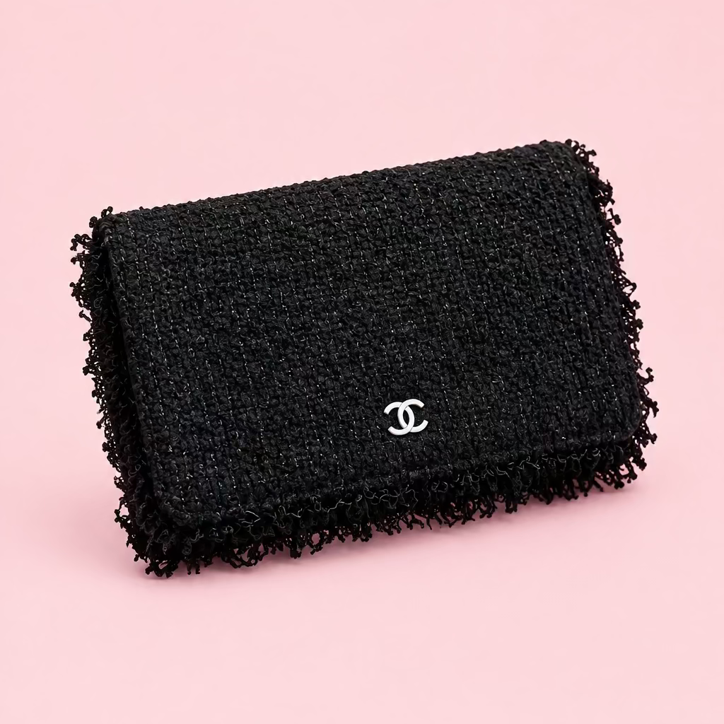 CHANEL Black Fringed Tweed Flap Wallet on Chain (WOC)