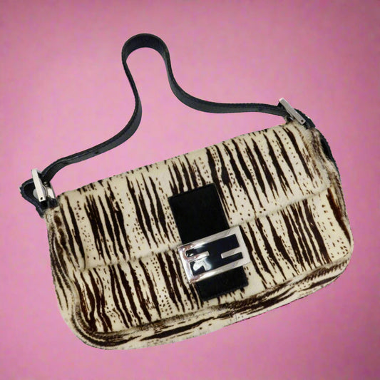 Fendi Pony Hair Striped Black and White Shoulder Bag