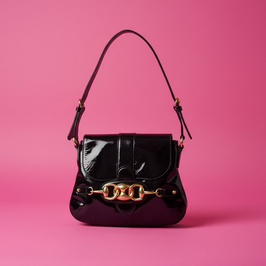 Gucci Wave Hobo Flap Bag Black Patent Leather