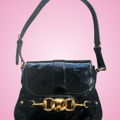 Gucci Wave Hobo Flap Bag Black Patent Leather