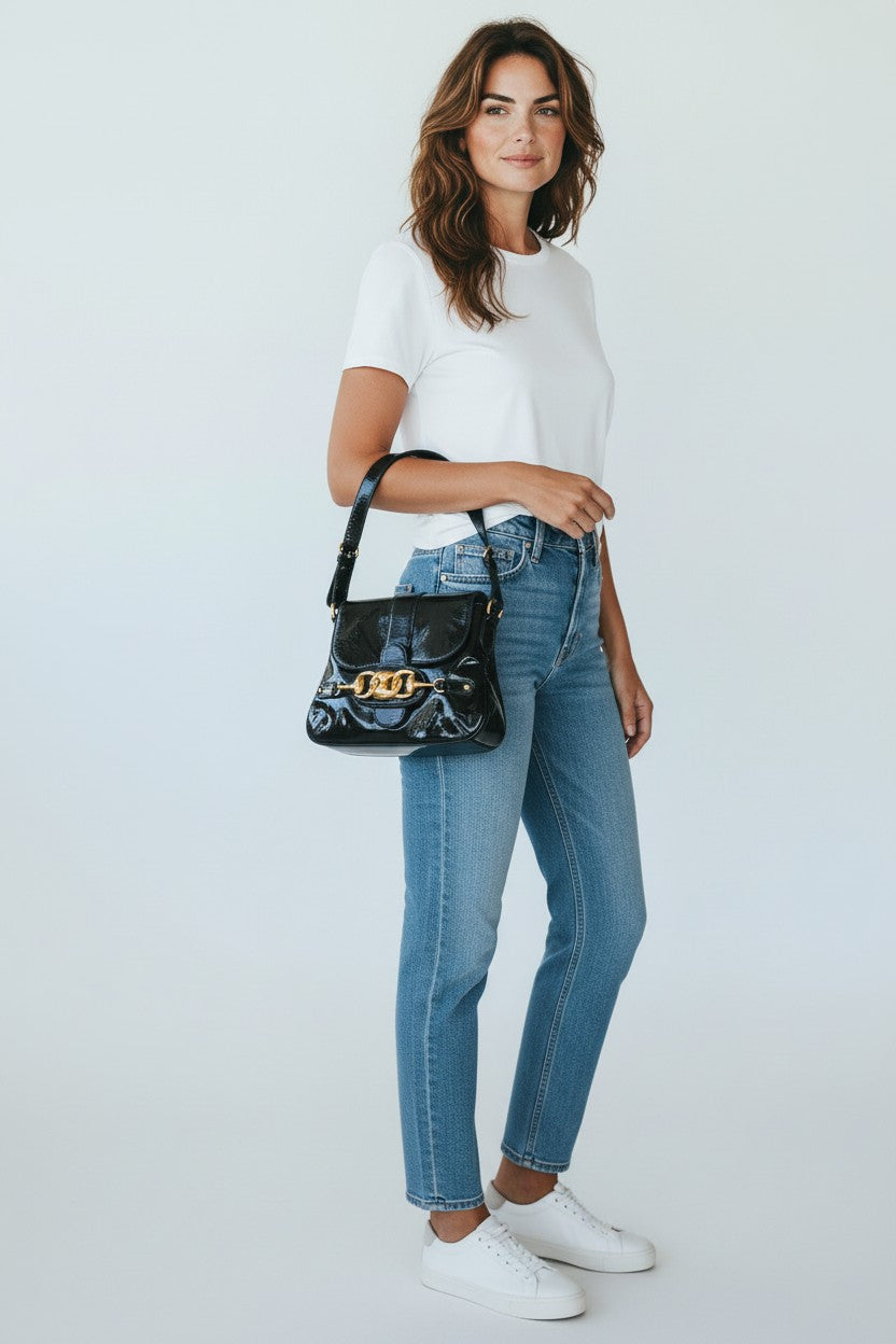 Gucci Wave Hobo Flap Bag Black Patent Leather