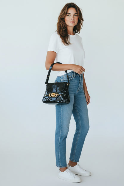 Gucci Wave Hobo Flap Bag Black Patent Leather