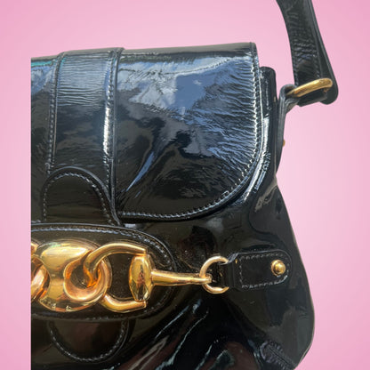 Gucci Wave Hobo Flap Bag Black Patent Leather