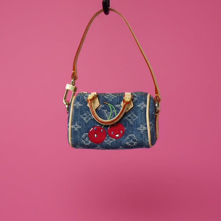 Louis Vuitton x TM Cherry Micro Speedy Bag Charm with Strap, original box, and duster