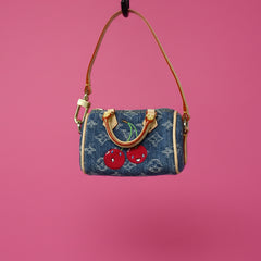 Louis Vuitton x TM Cherry Micro Speedy Bag Charm with Strap, original box, and duster