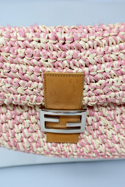 Fendi Pink and White Crochet Baguette - Under $2000
