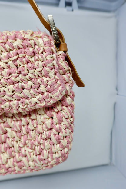 Fendi Pink and White Crochet Baguette - Under $2000