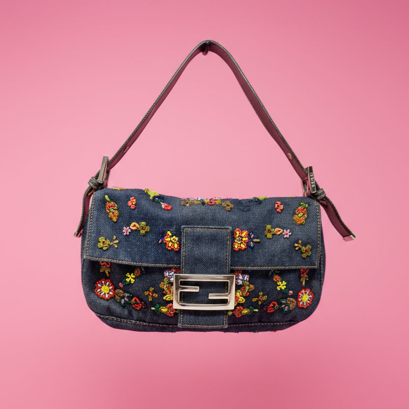 RARE Fendi Baguette Embroidered Beads Denim