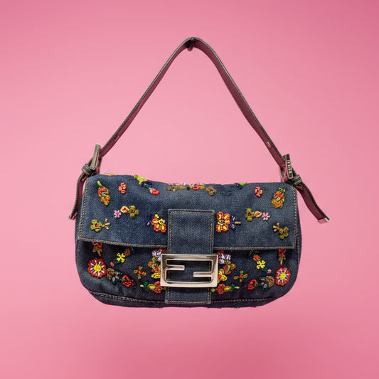 RARE Fendi Baguette Embroidered Beads Denim