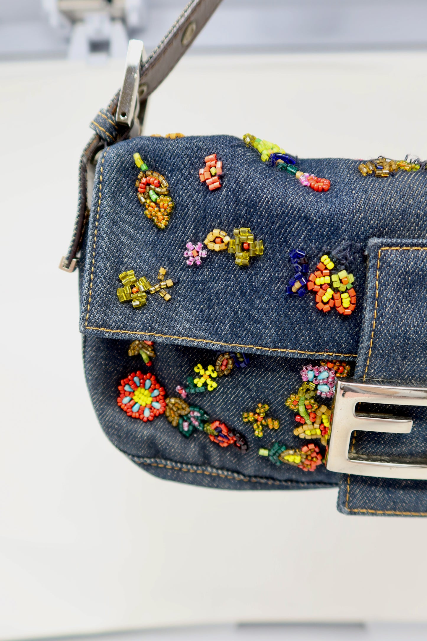 RARE Fendi Baguette Embroidered Beads Denim