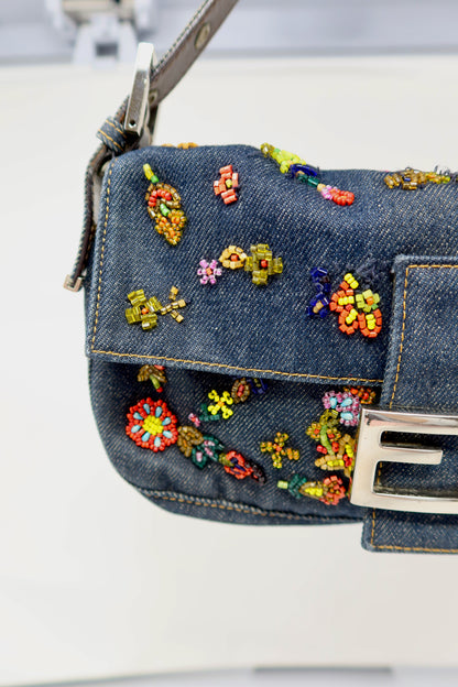 RARE Fendi Baguette Embroidered Beads Denim