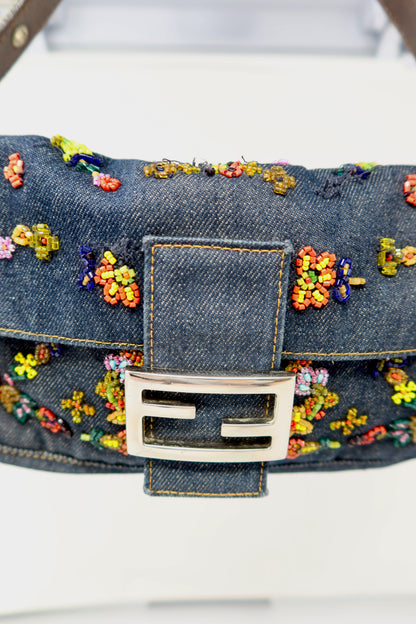 RARE Fendi Baguette Embroidered Beads Denim