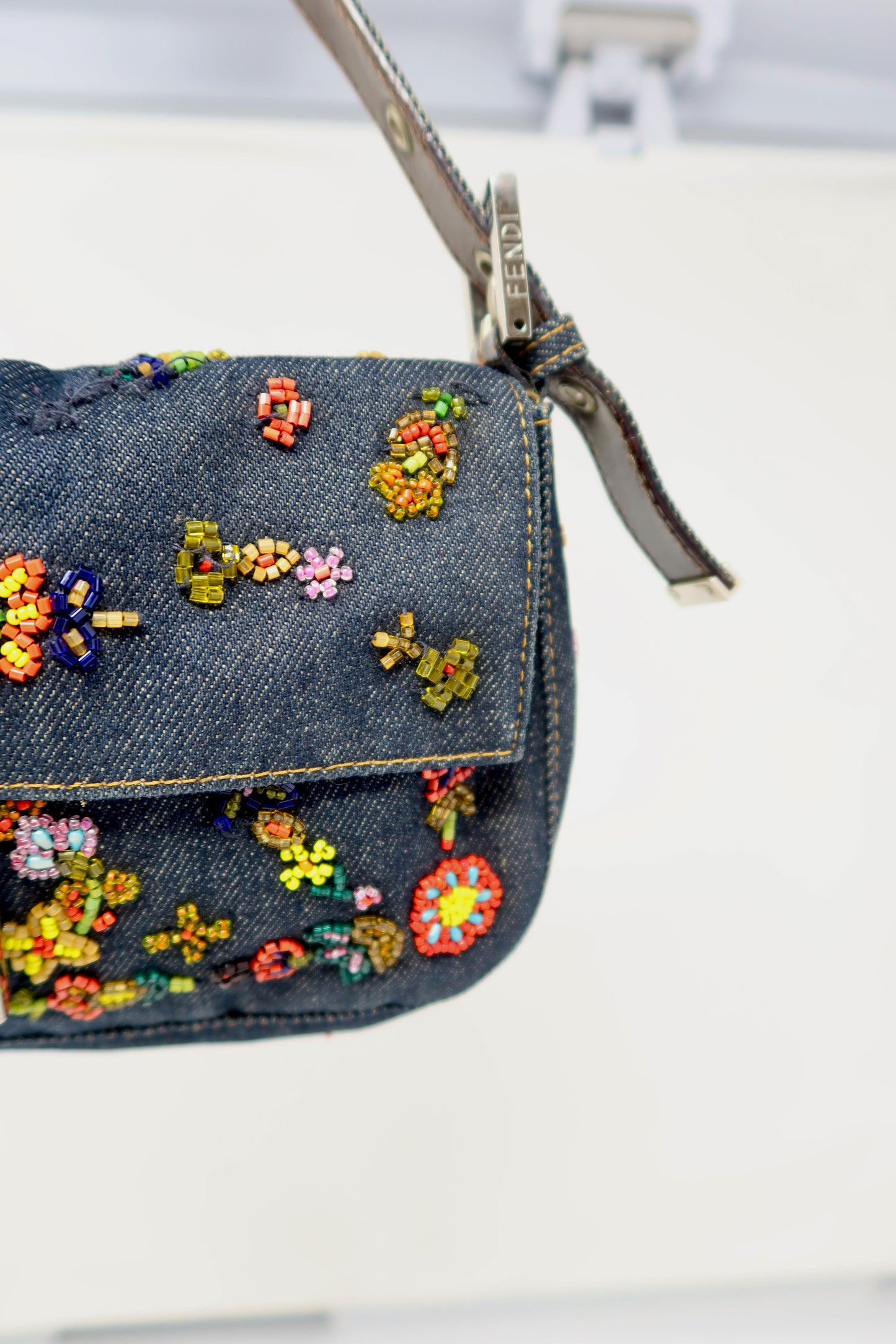 RARE Fendi Baguette Embroidered Beads Denim