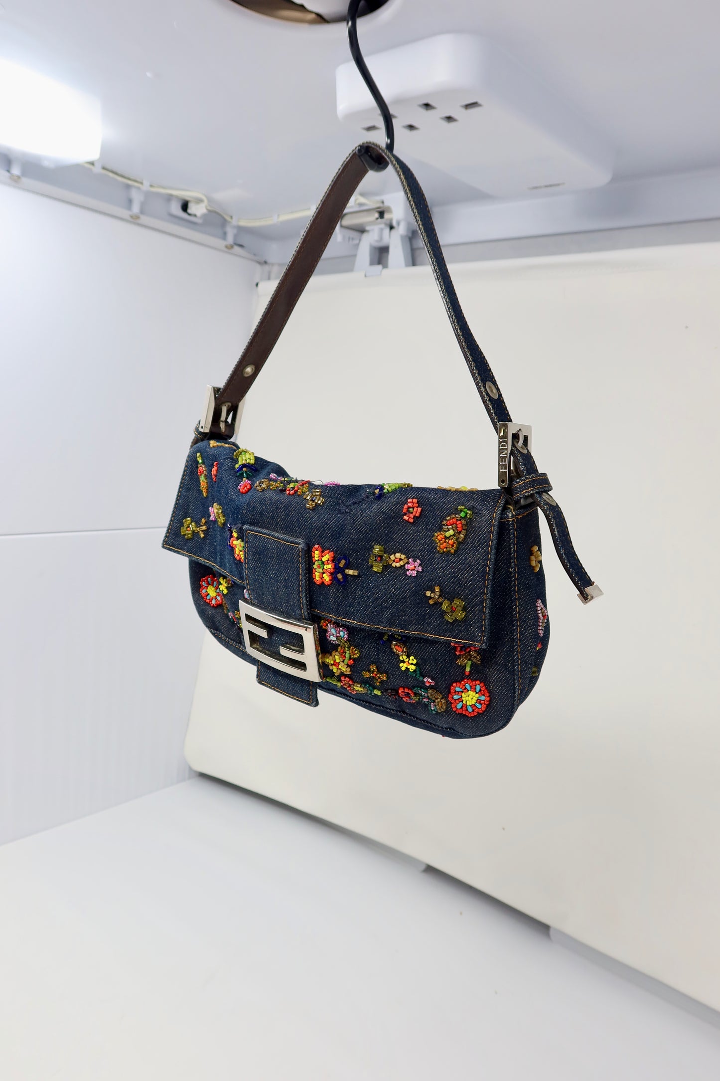 RARE Fendi Baguette Embroidered Beads Denim