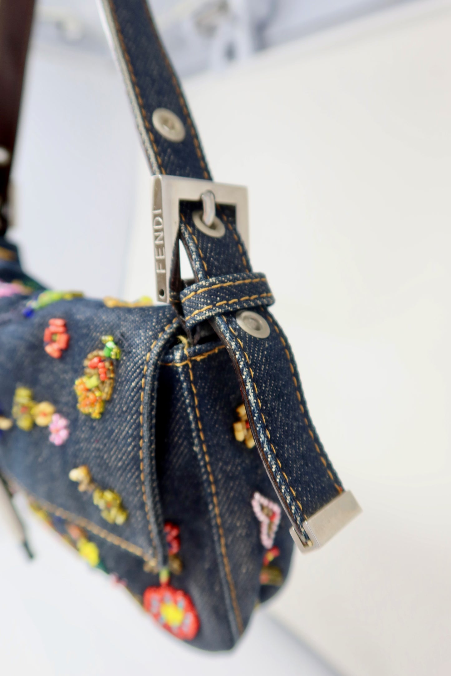 RARE Fendi Baguette Embroidered Beads Denim
