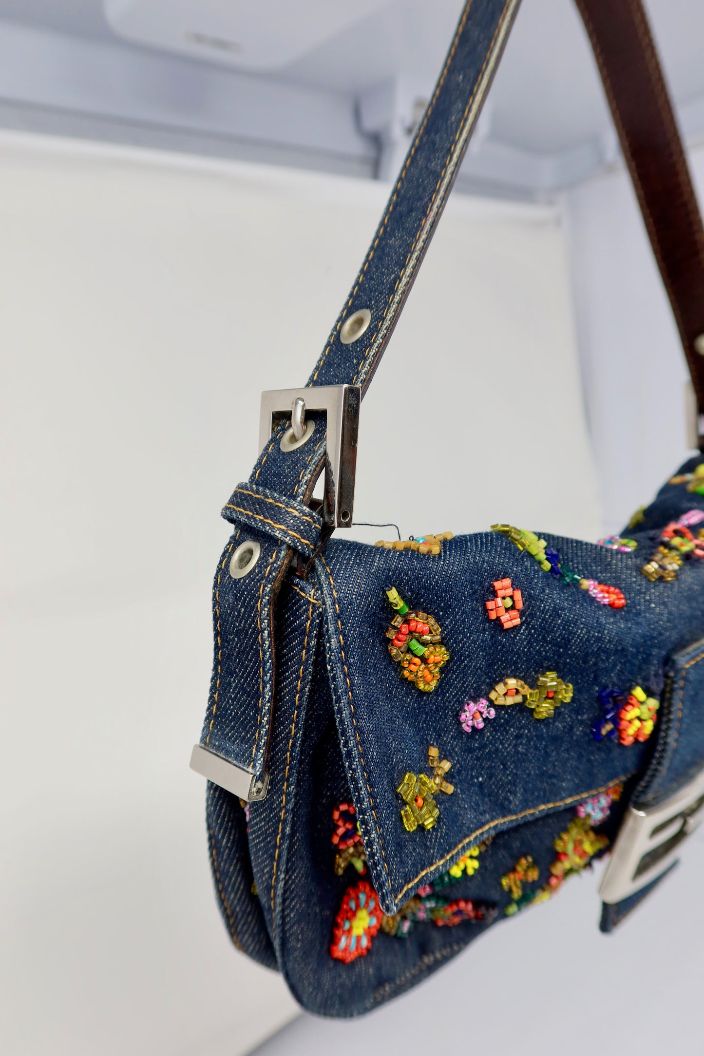 RARE Fendi Baguette Embroidered Beads Denim