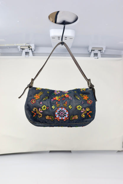 RARE Fendi Baguette Embroidered Beads Denim