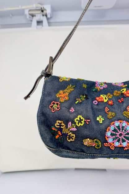 RARE Fendi Baguette Embroidered Beads Denim