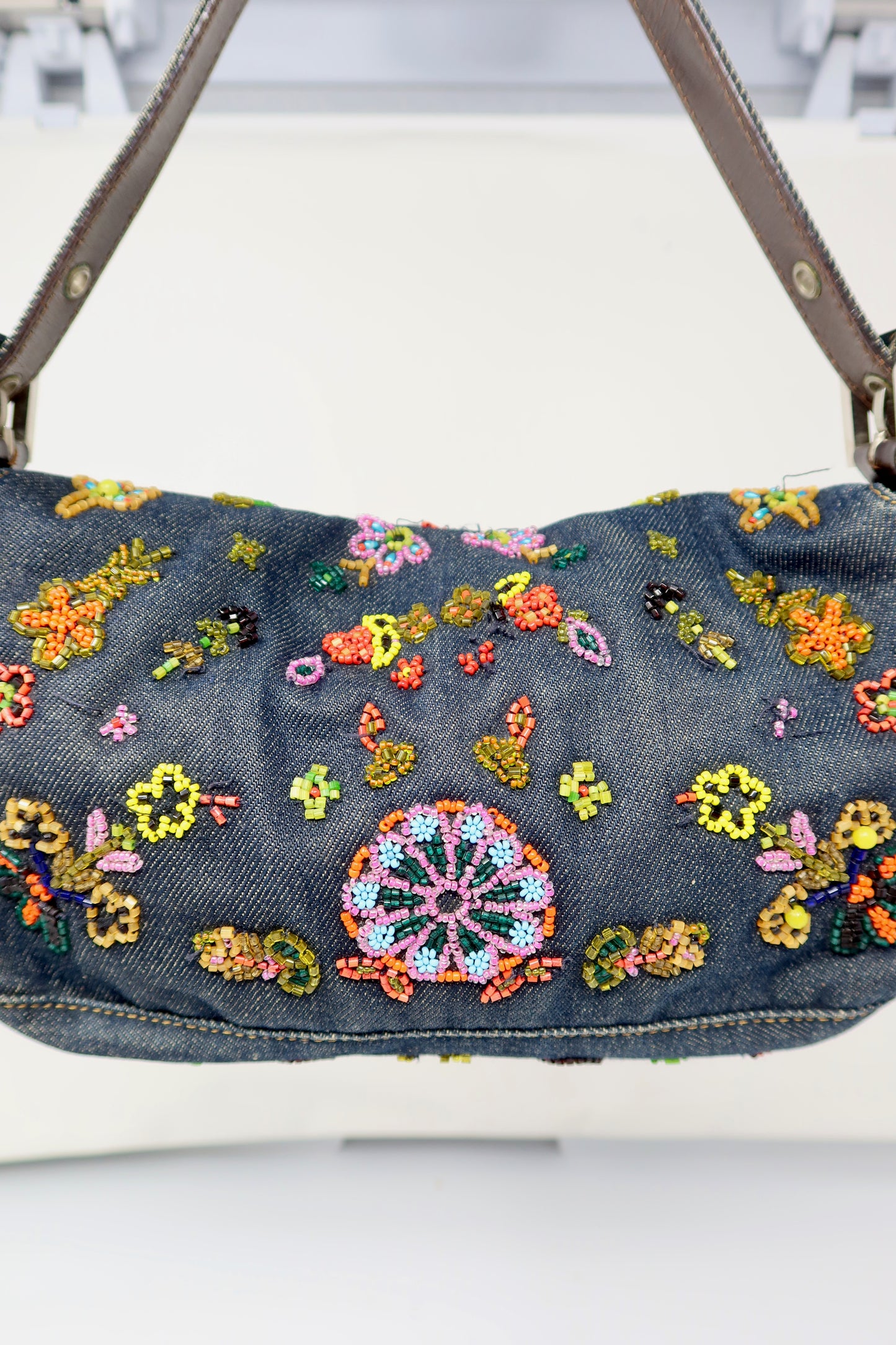 RARE Fendi Baguette Embroidered Beads Denim