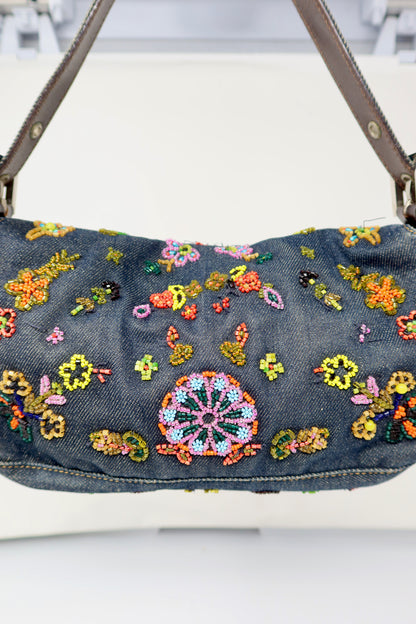 RARE Fendi Baguette Embroidered Beads Denim