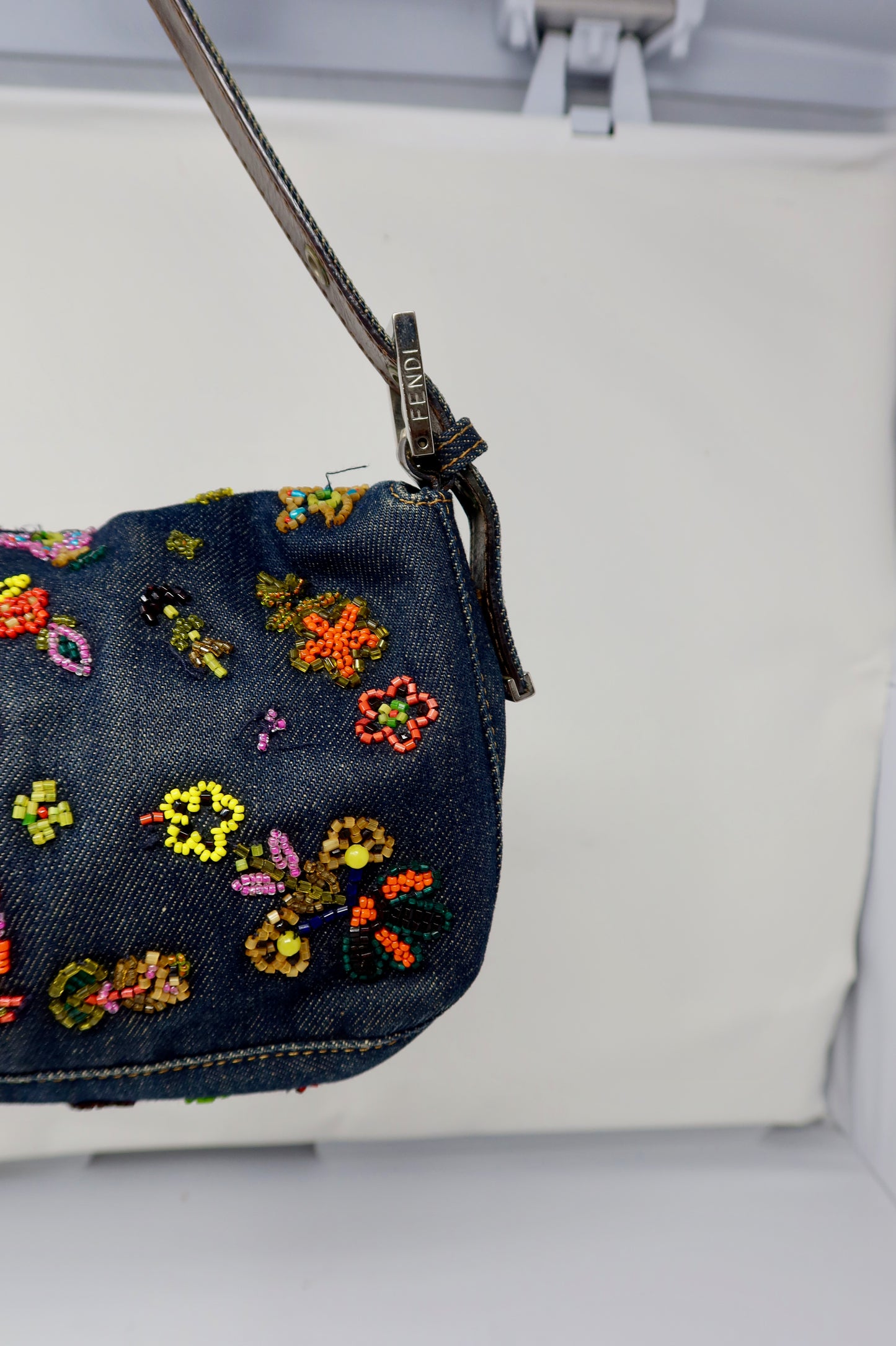 RARE Fendi Baguette Embroidered Beads Denim