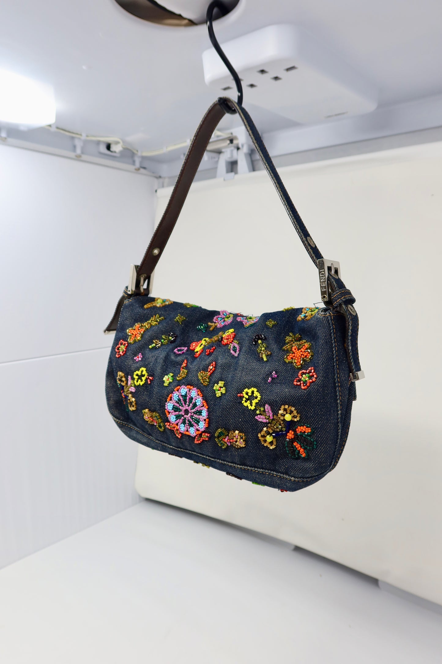 RARE Fendi Baguette Embroidered Beads Denim