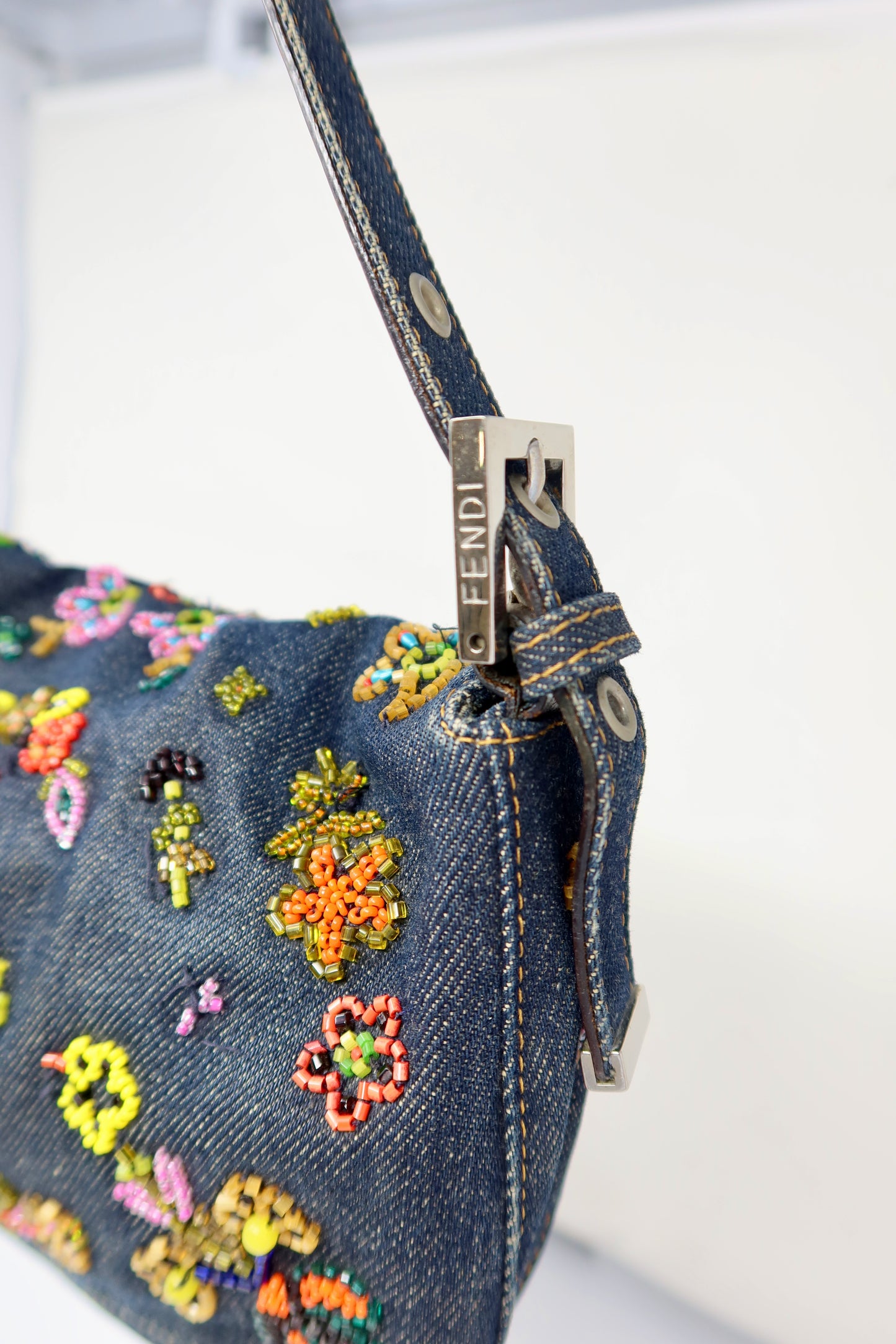 RARE Fendi Baguette Embroidered Beads Denim