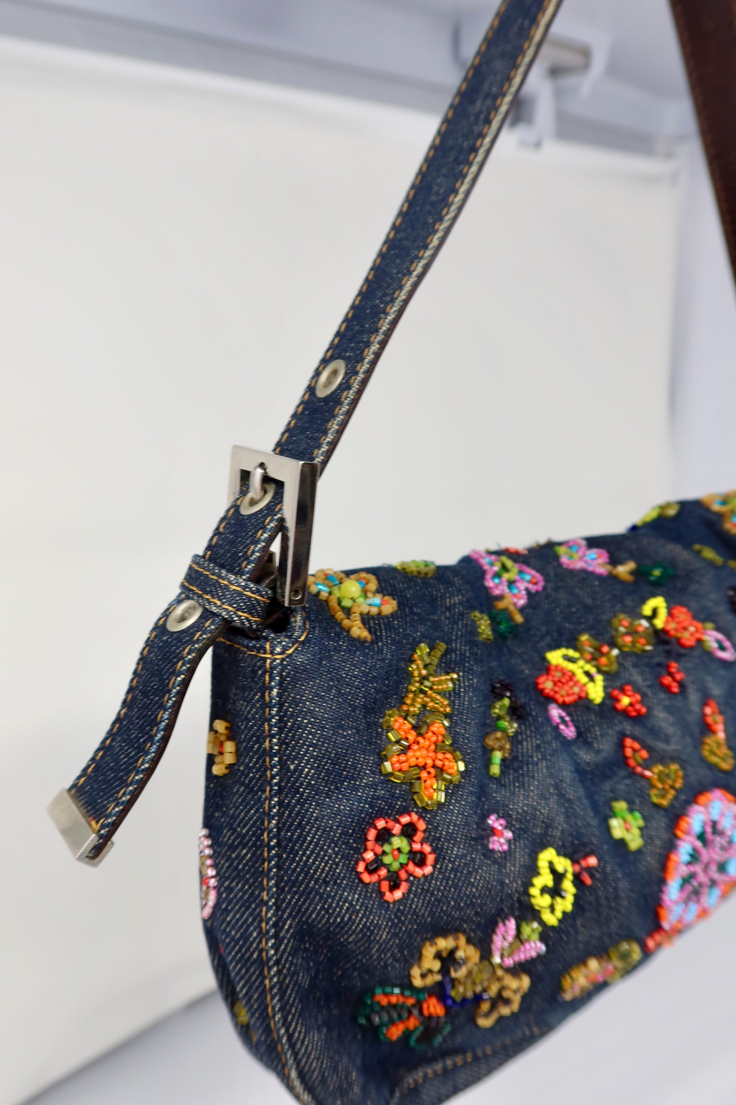 RARE Fendi Baguette Embroidered Beads Denim