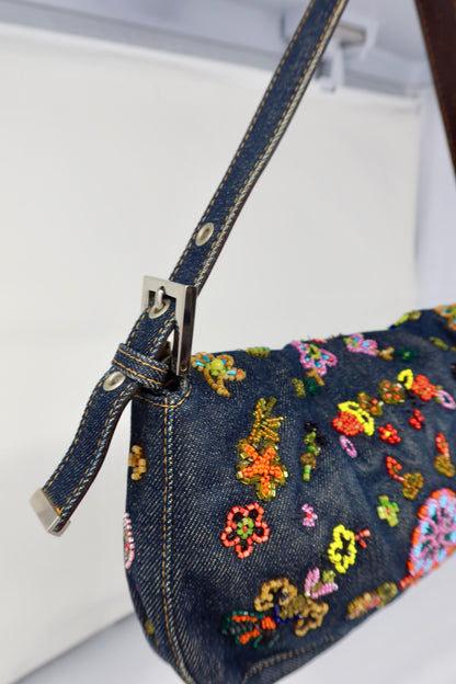 RARE Fendi Baguette Embroidered Beads Denim