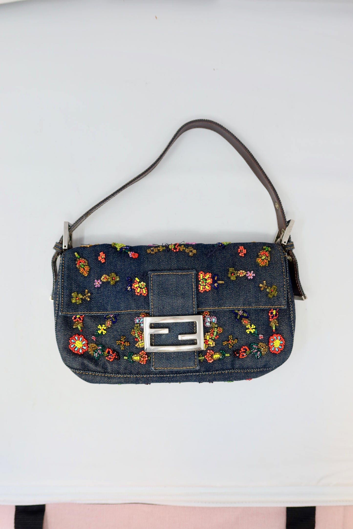 RARE Fendi Baguette Embroidered Beads Denim