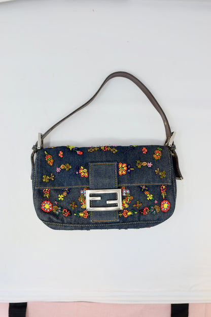 RARE Fendi Baguette Embroidered Beads Denim