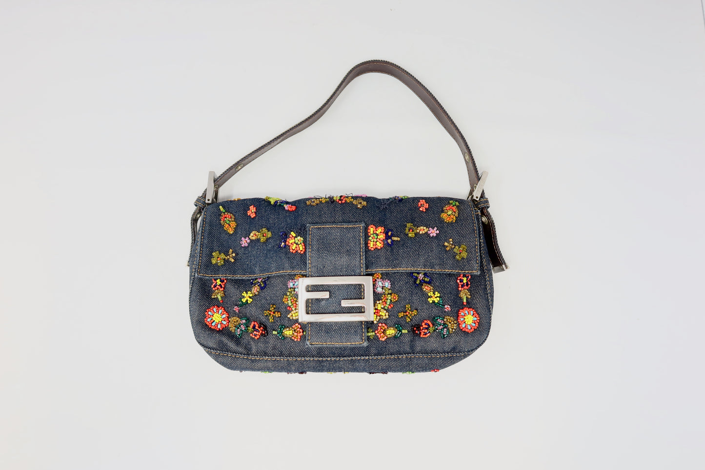 RARE Fendi Baguette Embroidered Beads Denim