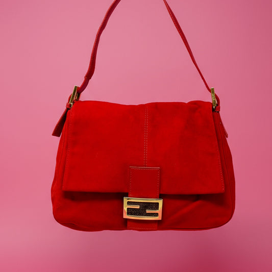 Fendi Red Suede Mamma Baguette Bag