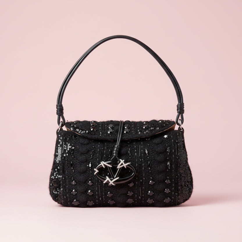 Valentino Vintage Black Crochet Sequin Embellished Shoulder Bag