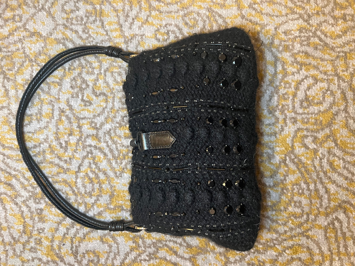 Valentino Vintage Black Crochet Sequin Embellished Shoulder Bag